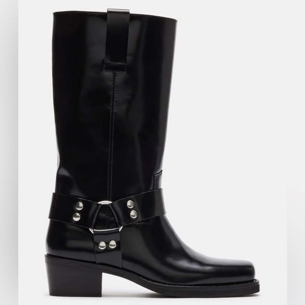 Steve Madden Box Leather Square Toe Moto Boot